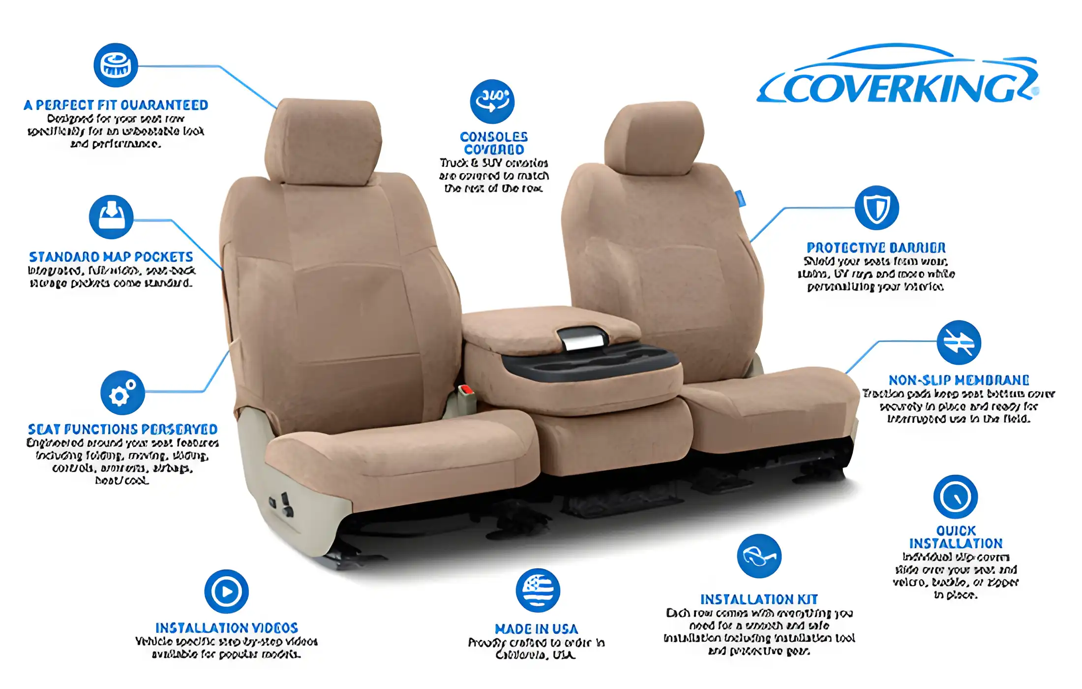 suede custom seat covers features