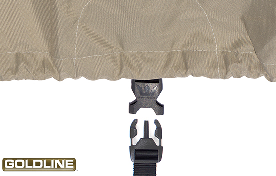 Handy buckle and strap system allows user to put a strap under the cart to hold the cover in place in windy conditions.